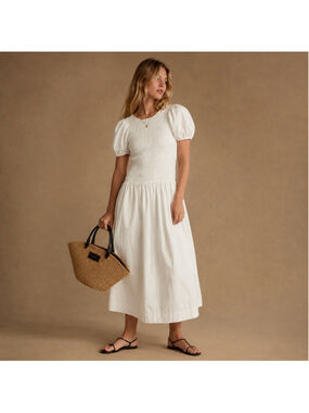 Ganni White Puff Sleeve Smocked Poplin Midi Dress US Sz 8 EU 40